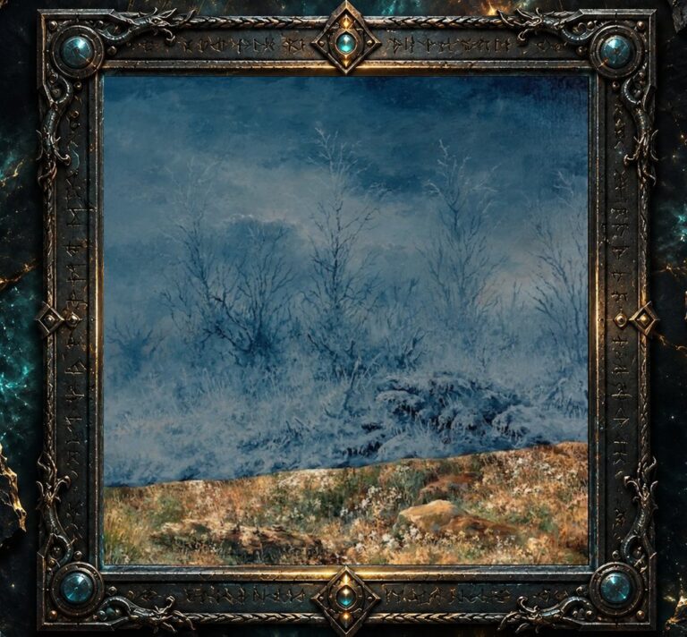 Albumcover von Epitaphe – III: Abstrakt wirkende winterliche Landschaft in Blau-, Grau- und Erdtönen. Im unteren Bereich liegt ein schmaler braun-orangefarbener Bodenstreifen, darüber verschwinden Bäume, Sträucher und Vegetation zunehmend in dichtem blauem Frost, Nebel oder Schnee. Das Gemälde wirkt menschenleer und zeigt einen schwer bestimmbaren Übergang zwischen Landschaft und Atmosphäre.
