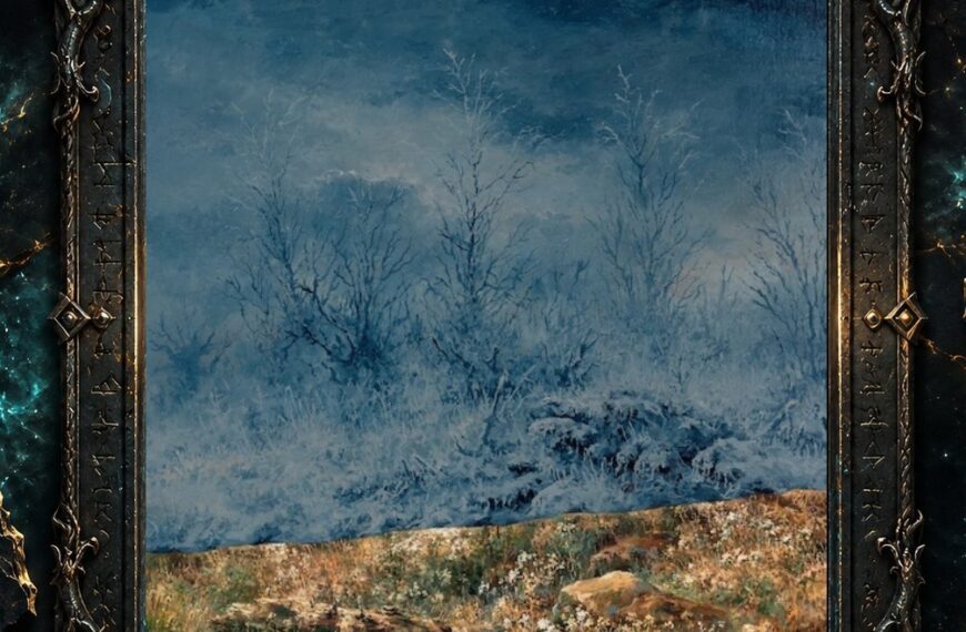 Albumcover von Epitaphe – III: Abstrakt wirkende winterliche Landschaft in Blau-, Grau- und Erdtönen. Im unteren Bereich liegt ein schmaler braun-orangefarbener Bodenstreifen, darüber verschwinden Bäume, Sträucher und Vegetation zunehmend in dichtem blauem Frost, Nebel oder Schnee. Das Gemälde wirkt menschenleer und zeigt einen schwer bestimmbaren Übergang zwischen Landschaft und Atmosphäre.