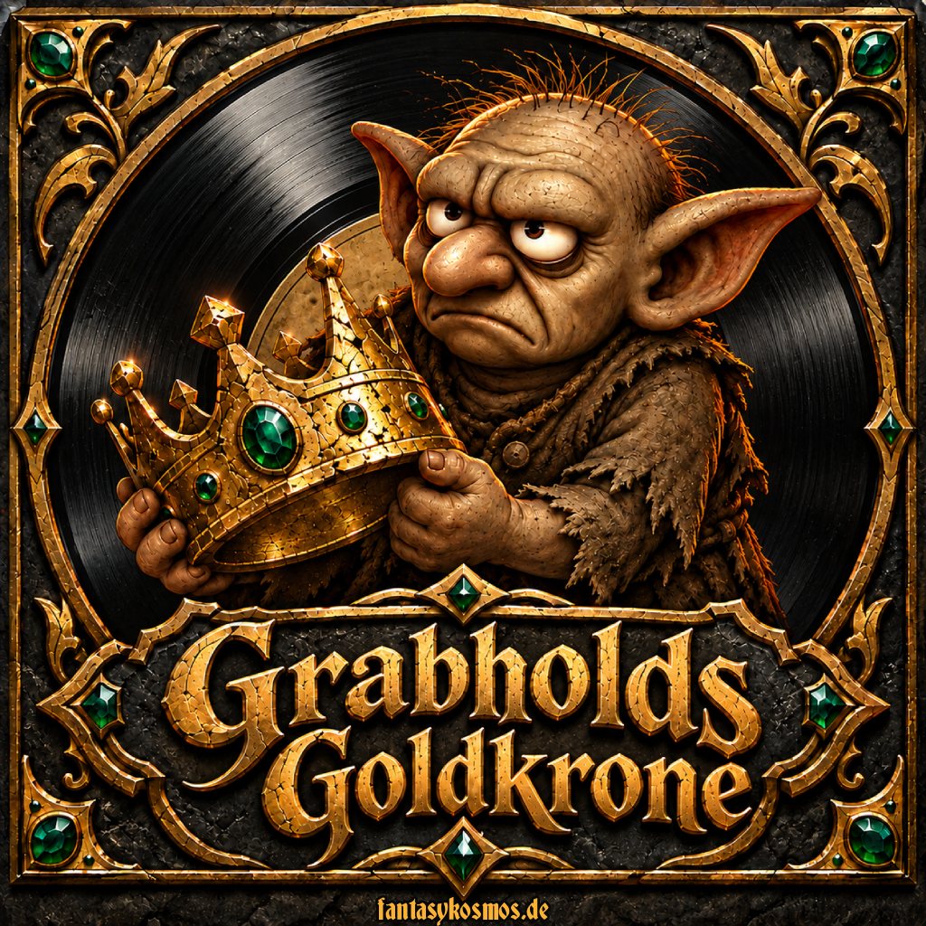 Grabholds Goldkrone - die Fantasykosmos-Auszeichnung für ganz besondere Alben. Grabhold schaut missmutig und überreicht die goldene Krone. Im Hintergrund eine LP.