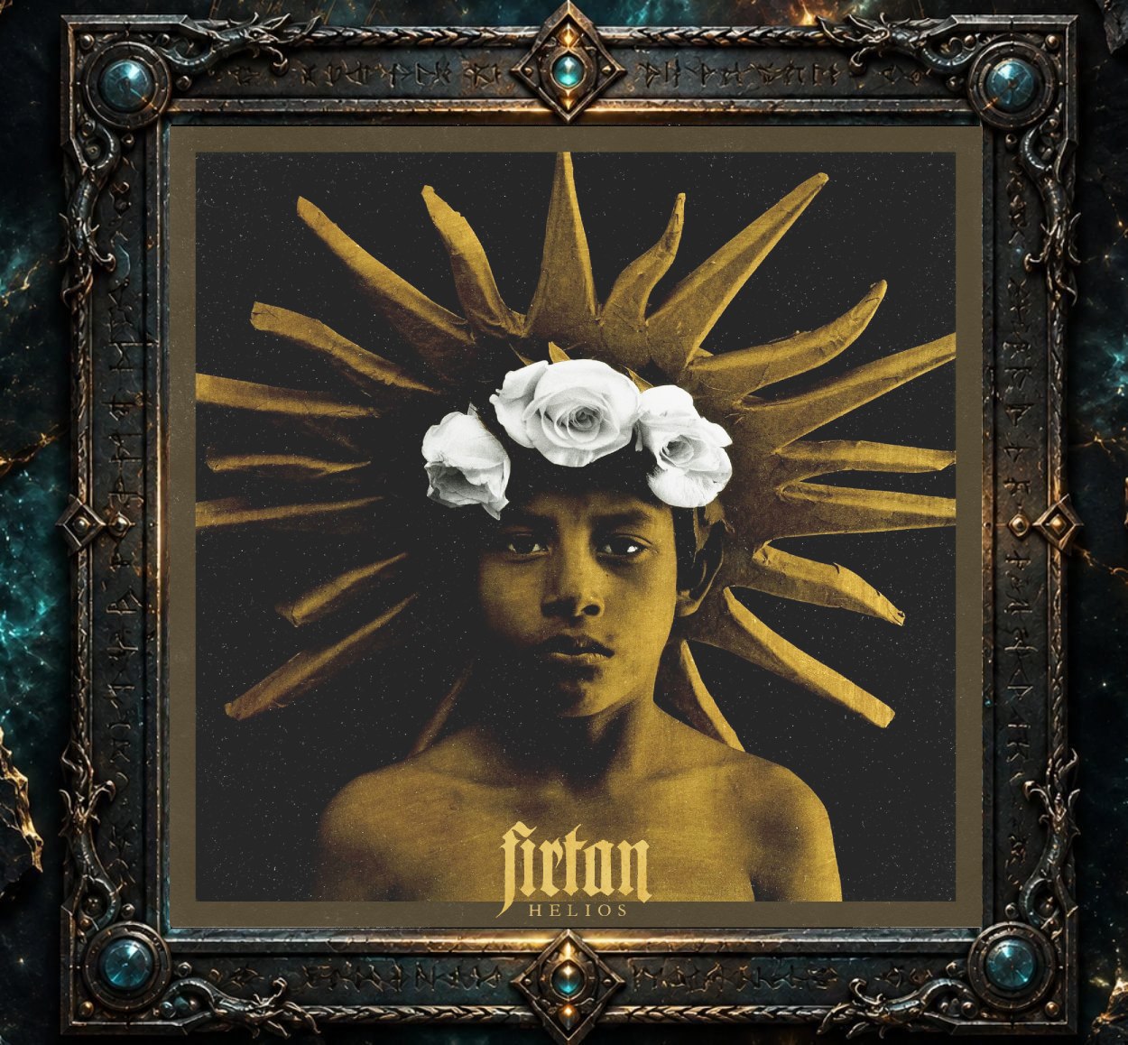 Albumcover von Firtan – Helios: Ein sepiafarbenes Porträt eines Kindes vor dunklem Hintergrund. Hinter dem Kopf strahlt ein goldener sonnenartiger Kranz, auf dem Haar liegt ein Kranz aus weißen Rosen. Unten stehen Bandname und Albumtitel in goldener Schrift.