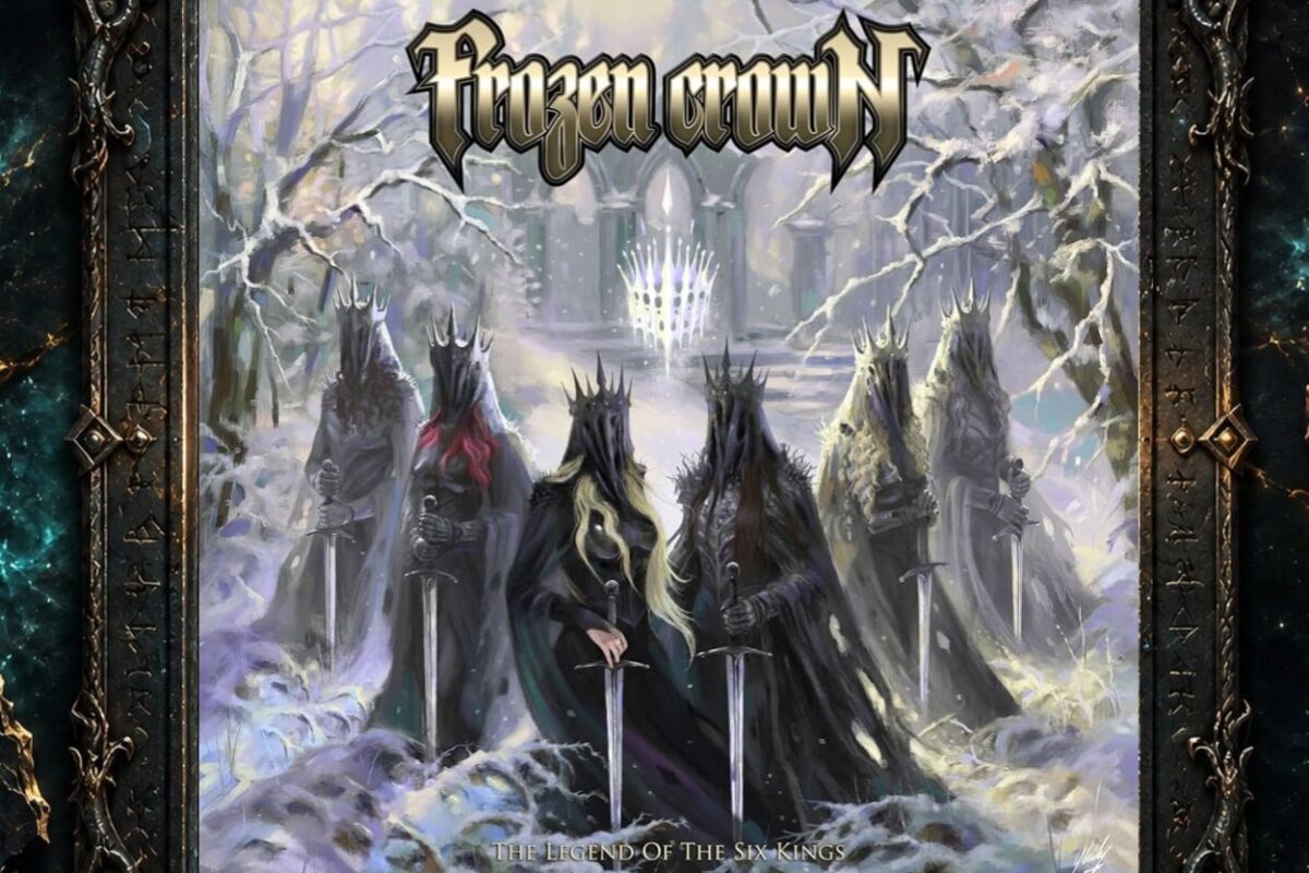 Albumcover von Frozen Crown – The Legend of the Six Kings: Sechs dunkle, gekrönte Gestalten stehen mit Schwertern in einer verschneiten Landschaft. Im Hintergrund leuchtet eine helle Krone vor winterlicher Ruinenkulisse. Oben steht das Bandlogo, unten der Albumtitel.