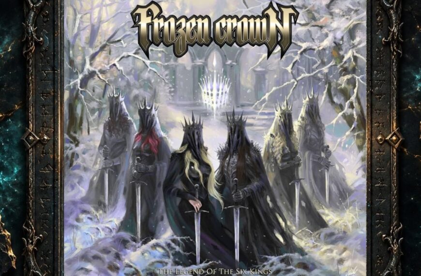 Albumcover von Frozen Crown – The Legend of the Six Kings: Sechs dunkle, gekrönte Gestalten stehen mit Schwertern in einer verschneiten Landschaft. Im Hintergrund leuchtet eine helle Krone vor winterlicher Ruinenkulisse. Oben steht das Bandlogo, unten der Albumtitel.