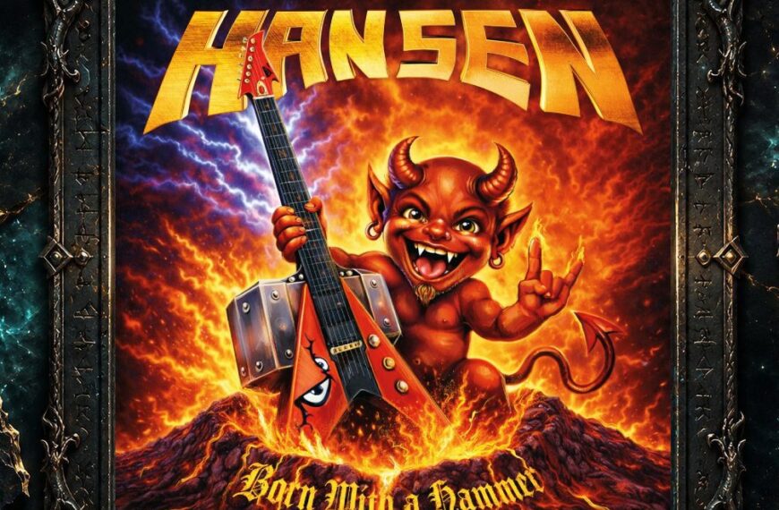 Albumcover von Kai Hansen – Born With A Hammer: Cartoonhafte Heavy-Metal-Szene mit einem grinsenden roten Teufel vor Feuer und Blitzen. Der Teufel zeigt die Pommesgabel und steht neben einer großen roten Flying-V-Gitarre mit metallisch verstärktem Korpus. Über der Szene steht der goldene Schriftzug HANSEN, unten der Albumtitel Born With A Hammer.