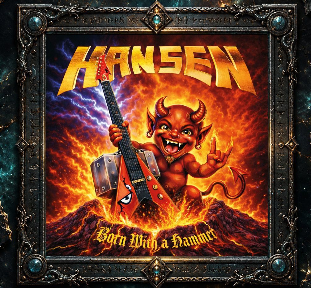 Albumcover von Kai Hansen – Born With A Hammer: Cartoonhafte Heavy-Metal-Szene mit einem grinsenden roten Teufel vor Feuer und Blitzen. Der Teufel zeigt die Pommesgabel und steht neben einer großen roten Flying-V-Gitarre mit metallisch verstärktem Korpus. Über der Szene steht der goldene Schriftzug HANSEN, unten der Albumtitel Born With A Hammer.