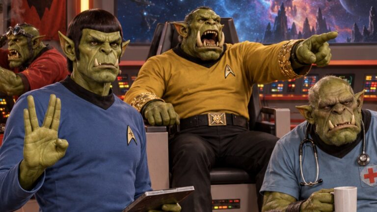 Absurd-fotorealistische Sci-Fi-Fantasy-Szene auf der Brücke eines Sternenschiffs: Eine Ork-Crew in klar an klassische Weltraum-Uniformen angelehnten Farben besetzt die Kommandozentrale. Vorn steht ein stoischer Mr. Spork mit erhobener Grußgeste und Datentafel. Hinter ihm brüllt der Captain aus dem Kommandosessel Befehle ins All.