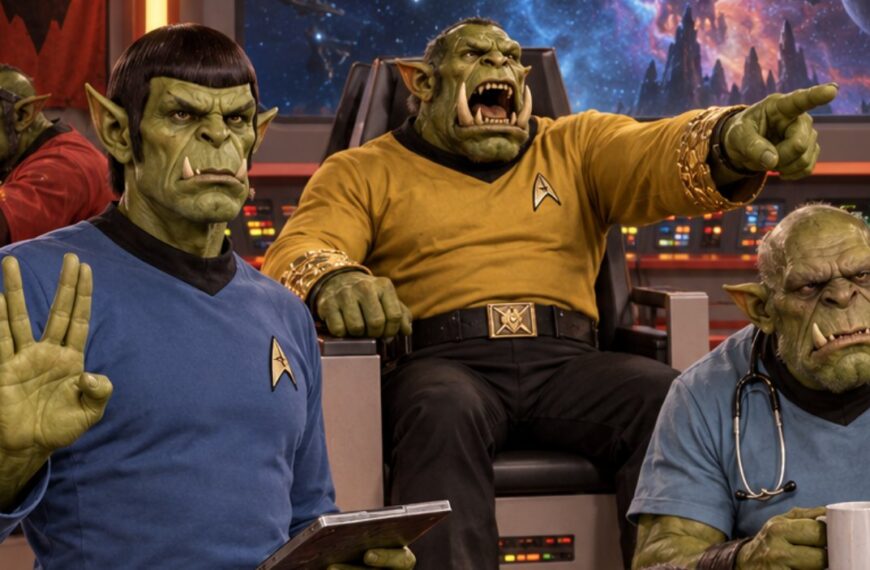 Absurd-fotorealistische Sci-Fi-Fantasy-Szene auf der Brücke eines Sternenschiffs: Eine Ork-Crew in klar an klassische Weltraum-Uniformen angelehnten Farben besetzt die Kommandozentrale. Vorn steht ein stoischer Mr. Spork mit erhobener Grußgeste und Datentafel. Hinter ihm brüllt der Captain aus dem Kommandosessel Befehle ins All.