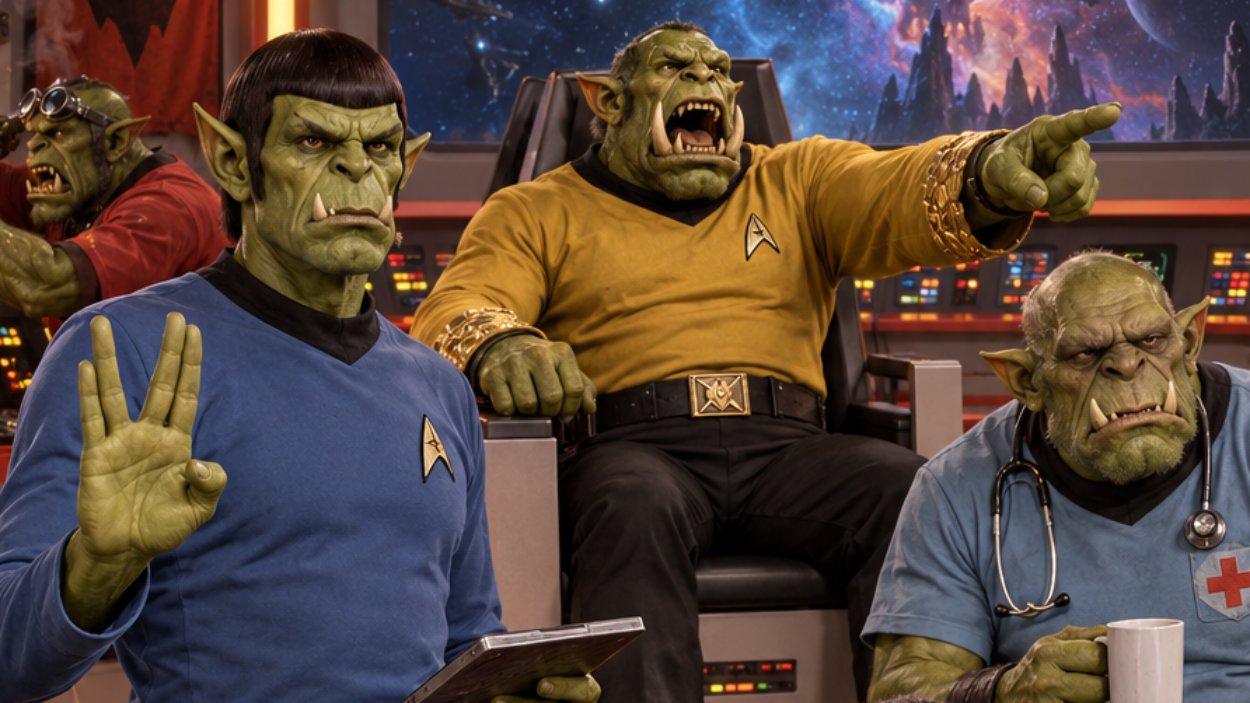 Absurd-fotorealistische Sci-Fi-Fantasy-Szene auf der Brücke eines Sternenschiffs: Eine Ork-Crew in klar an klassische Weltraum-Uniformen angelehnten Farben besetzt die Kommandozentrale. Vorn steht ein stoischer Mr. Spork mit erhobener Grußgeste und Datentafel. Hinter ihm brüllt der Captain aus dem Kommandosessel Befehle ins All.