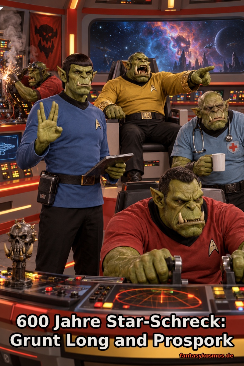 Absurd-fotorealistische Sci-Fi-Fantasy-Szene auf der Brücke eines Sternenschiffs: Eine Ork-Crew in klar an klassische Weltraum-Uniformen angelehnten Farben besetzt die Kommandozentrale. Vorn steht ein stoischer Mr. Spork mit erhobener Grußgeste und Datentafel. Hinter ihm brüllt der Captain aus dem Kommandosessel Befehle ins All, während ein grimmiger Steuermann die Konsole bearbeitet, ein missmutiger Schiffsarzt mit Kaffeebecher daneben sitzt und links ein Techniker Funken aus einer rauchenden Konsole prügelt. Durch das große Fenster ist ein farbiger Weltraumnebel zu sehen.