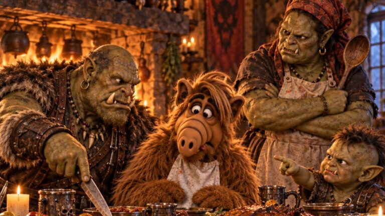 Absurd-fotorealistische Fantasy-Hommage an ALF: Der bekannte pelzige Außerirdische sitzt sichtbar verunsichert zwischen einer Ork-Familie an einer üppig gedeckten Tafel. Der Ork-Vater hält Messer und Gabel bereit, die Ork-Mutter mustert den Gast mit großer Holzkeule und strengem Blick, während ein Ork-Kind neugierig auf ALF zeigt.