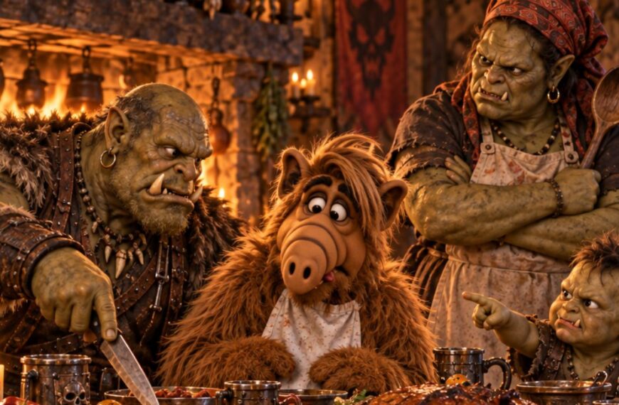 Absurd-fotorealistische Fantasy-Hommage an ALF: Der bekannte pelzige Außerirdische sitzt sichtbar verunsichert zwischen einer Ork-Familie an einer üppig gedeckten Tafel. Der Ork-Vater hält Messer und Gabel bereit, die Ork-Mutter mustert den Gast mit großer Holzkeule und strengem Blick, während ein Ork-Kind neugierig auf ALF zeigt.