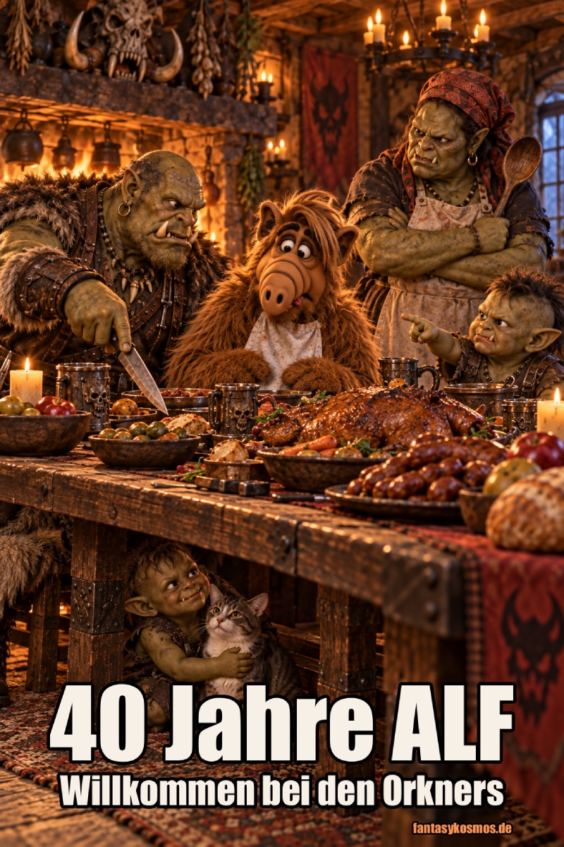 Absurd-fotorealistische Fantasy-Hommage an ALF: Der bekannte pelzige Außerirdische sitzt sichtbar verunsichert zwischen einer Ork-Familie an einer üppig gedeckten Tafel. Der Ork-Vater hält Messer und Gabel bereit, die Ork-Mutter mustert den Gast mit großer Holzkeule und strengem Blick, während ein Ork-Kind neugierig auf ALF zeigt. Unter dem Tisch sitzt eine völlig entspannte Hauskatze neben einem kleinen Ork-Kind und ist offensichtlich ausnahmsweise nicht in Gefahr.