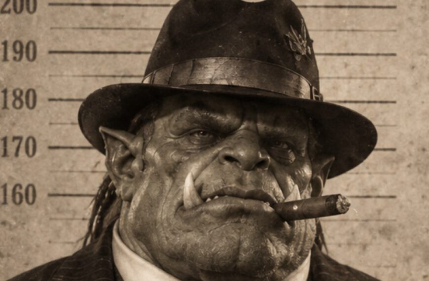 Sepiafarbenes, alt wirkendes Fantasy-Polizeifoto im Stil eines historischen Mugshots: Ein massiver Ork-Gangsterboss im Nadelstreifenanzug und mit dunklem Hut steht vor der Höhenmarkierung der Stadtwache Knattermoor.