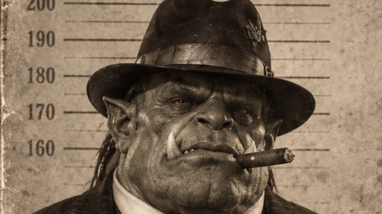 Sepiafarbenes, alt wirkendes Fantasy-Polizeifoto im Stil eines historischen Mugshots: Ein massiver Ork-Gangsterboss im Nadelstreifenanzug und mit dunklem Hut steht vor der Höhenmarkierung der Stadtwache Knattermoor.