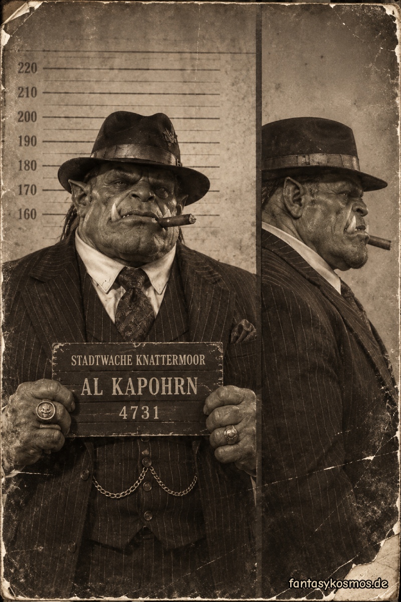 Sepiafarbenes, alt wirkendes Fantasy-Polizeifoto im Stil eines historischen Mugshots: Ein massiver Ork-Gangsterboss im Nadelstreifenanzug und mit dunklem Hut steht vor der Höhenmarkierung der Stadtwache Knattermoor. In der Frontalansicht hält er ein Schild mit der Aufschrift „Stadtwache Knattermoor – Al Kapohrn – 4731“, eine dicke Zigarre steckt in seinem Mund. Rechts daneben ist seine Seitenansicht zu sehen. Das Bild wirkt zerkratzt, vergilbt und wie ein alter Archivfund.