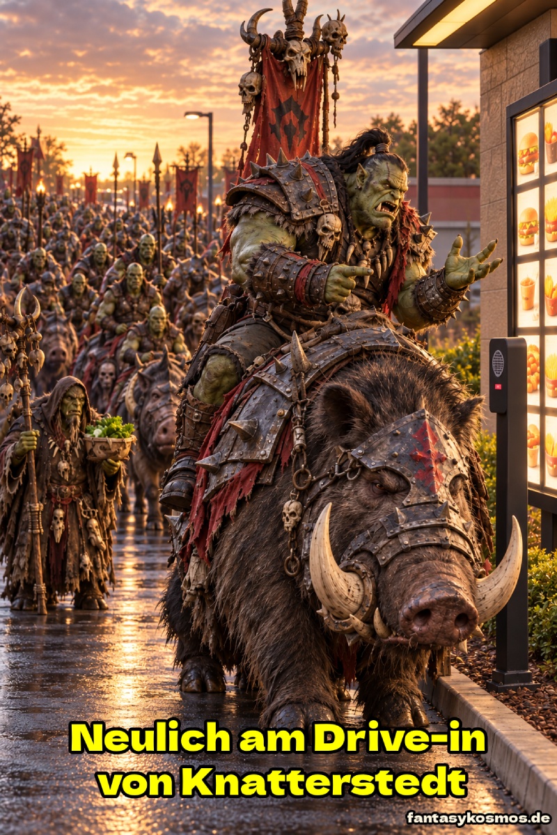 Absurd-fotorealistische Fantasy-Szene bei Sonnenuntergang: Ein gewaltiger Ork-Kriegshäuptling sitzt auf einem riesigen gepanzerten Schlachtkeiler vor einem winzigen Drive-in-Bestellterminal. Hinter ihm wartet eine komplette Orkhorde mit Reittieren und Bannern, während ein düsterer Schamane mit einer Schale voller Grünzeug auf sein vegetarisches Menü hofft.