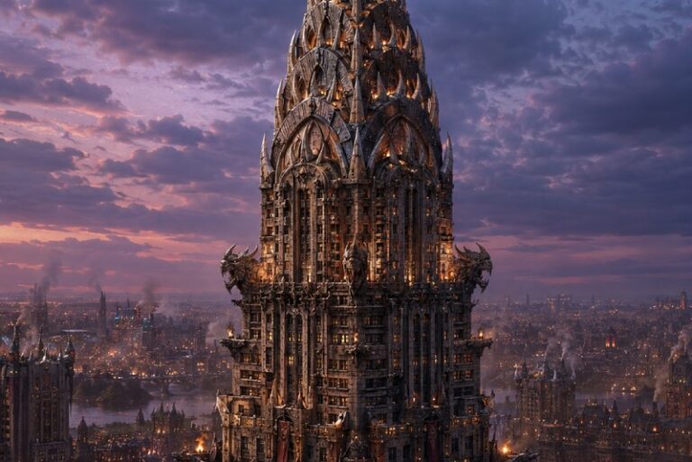 Düsteres Fantasy-Hochhaus im Stil eines orkisch gebauten Chrysler Buildings: Ein gewaltiger Turm aus dunklem Stein, Metall, Zacken, Nieten und Drachenköpfen ragt über die qualmende Skyline von Orkhattan. Die spitze Krone erinnert an Art déco, wirkt aber wie eine brutale Festung der Zwischenreiche im violetten Abendlicht.