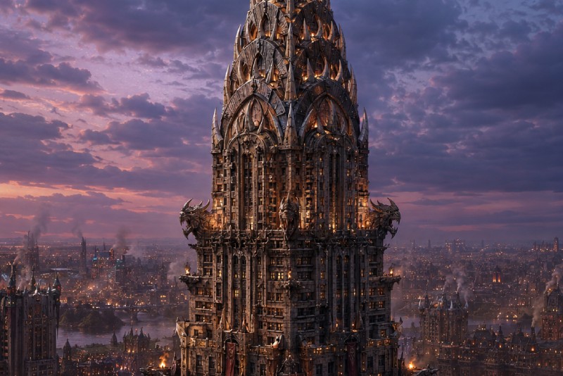 Düsteres Fantasy-Hochhaus im Stil eines orkisch gebauten Chrysler Buildings: Ein gewaltiger Turm aus dunklem Stein, Metall, Zacken, Nieten und Drachenköpfen ragt über die qualmende Skyline von Orkhattan. Die spitze Krone erinnert an Art déco, wirkt aber wie eine brutale Festung der Zwischenreiche im violetten Abendlicht.