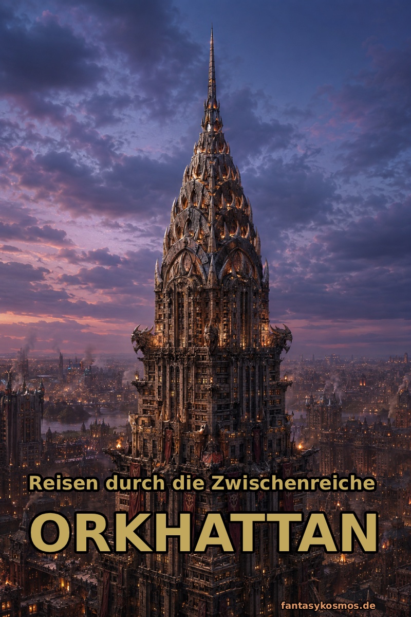 Düsteres Fantasy-Hochhaus im Stil eines orkisch gebauten Chrysler Buildings: Ein gewaltiger Turm aus dunklem Stein, Metall, Zacken, Nieten und Drachenköpfen ragt über die qualmende Skyline von Orkhattan. Die spitze Krone erinnert an Art déco, wirkt aber wie eine brutale Festung der Zwischenreiche im violetten Abendlicht.