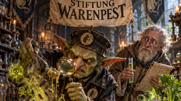 Absurd-fotorealistische Fantasy-Alchemistenküche: Unter einem großen Banner mit der Aufschrift „Stiftung Warenpest“ untersucht ein grimmiger Goblin-Prüfer mit Lupe einen dampfenden Eimer dubioser Gemüsebrühe. Aus der trüben Masse steigen Insekten, unheimliche Dämpfe und Warnsymbole auf. Daneben notiert ein erschrockener Gelehrter seine Ergebnisse.