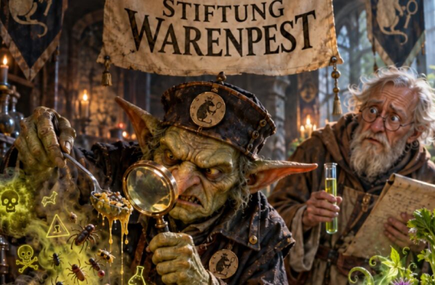 Absurd-fotorealistische Fantasy-Alchemistenküche: Unter einem großen Banner mit der Aufschrift „Stiftung Warenpest“ untersucht ein grimmiger Goblin-Prüfer mit Lupe einen dampfenden Eimer dubioser Gemüsebrühe. Aus der trüben Masse steigen Insekten, unheimliche Dämpfe und Warnsymbole auf. Daneben notiert ein erschrockener Gelehrter seine Ergebnisse.