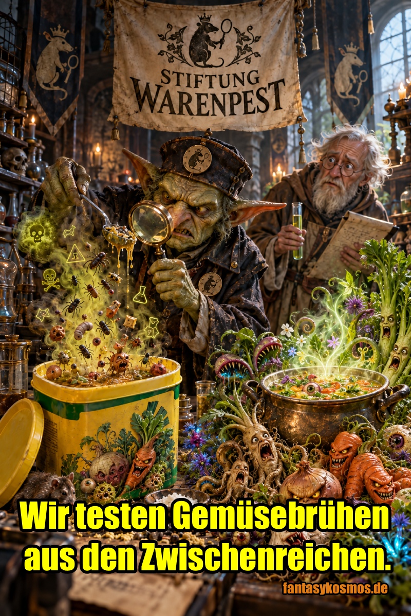 Absurd-fotorealistische Fantasy-Alchemistenküche: Unter einem großen Banner mit der Aufschrift „Stiftung Warenpest“ untersucht ein grimmiger Goblin-Prüfer mit Lupe einen dampfenden Eimer dubioser Gemüsebrühe. Aus der trüben Masse steigen Insekten, unheimliche Dämpfe und Warnsymbole auf. Daneben notiert ein erschrockener Gelehrter seine Ergebnisse. Rechts steht ein zweiter Topf mit klarer, leuchtender Brühe aus gruseligen Fantasy-Zutaten wie schreienden Alraunen, unheimlichen Wurzeln und verdächtig lebendigem Gemüse, der deutlich frischer und hochwertiger wirkt.