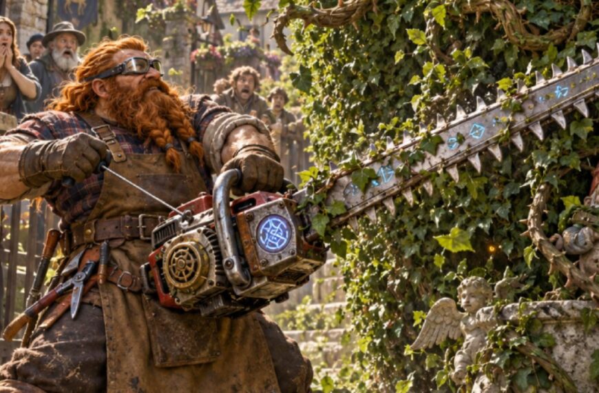 Absurd-fotorealistische Fantasy-Szene in einem Garten der Zwischenreiche: Ein entschlossener Zwerg steht mit einer gewaltigen runenverzierten Heckenschere vor einer riesigen lebenden Monsterhecke.