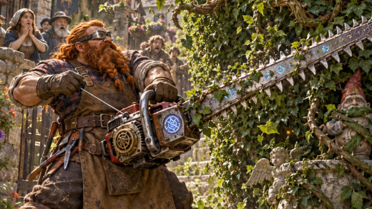 Absurd-fotorealistische Fantasy-Szene in einem Garten der Zwischenreiche: Ein entschlossener Zwerg steht mit einer gewaltigen runenverzierten Heckenschere vor einer riesigen lebenden Monsterhecke.