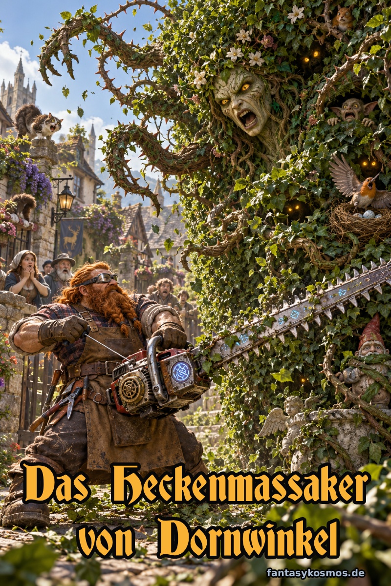 Absurd-fotorealistische Fantasy-Szene in einem Garten der Zwischenreiche: Ein entschlossener Zwerg steht mit einer gewaltigen runenverzierten Heckenschere vor einer riesigen lebenden Monsterhecke. Die Hecke hat ein drachenartiges Gesicht, glühende Augen, dornenbewehrte Rankenarme und aufgerissene Pflanzenmäuler. Zwischen den Blättern sitzen kleine Kobolde, ein panischer Vogel versucht sein Nest zu retten und im Hintergrund schauen erschrockene Nachbarn dem drohenden Gartenkrieg zu.