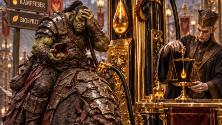 Absurd-fotorealistische Fantasy-Szene an einer prunkvollen goldenen Tankstelle: Ein erschöpfter Ork sitzt auf einem gepanzerten Kampfeber und hält verzweifelt einen fast leeren Geldbeutel in der Hand.