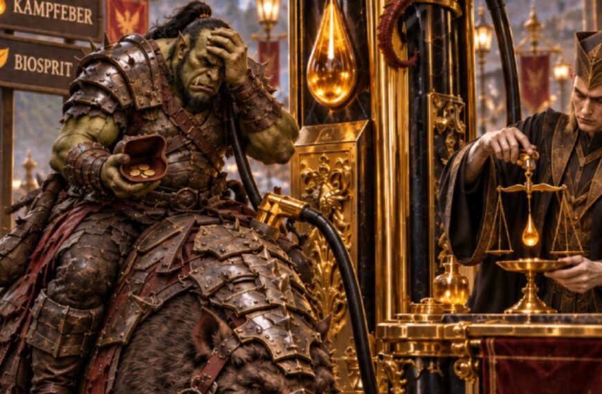 Absurd-fotorealistische Fantasy-Szene an einer prunkvollen goldenen Tankstelle: Ein erschöpfter Ork sitzt auf einem gepanzerten Kampfeber und hält verzweifelt einen fast leeren Geldbeutel in der Hand.