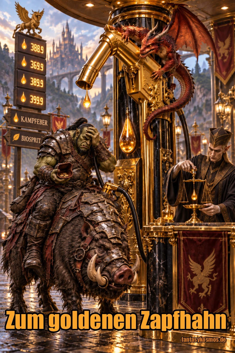 Absurd-fotorealistische Fantasy-Szene an einer prunkvollen goldenen Tankstelle: Ein erschöpfter Ork sitzt auf einem gepanzerten Kampfeber und hält verzweifelt einen fast leeren Geldbeutel in der Hand. Über ihm ragt ein riesiger goldener Zapfhahn auf, auf dem ein kleiner roter Drache sitzt. Aus der Anlage tropft kostbarer Treibstoff, während ein strenger Elf an einem Schalter einen einzelnen goldenen Tropfen auf einer feinen Waage abmisst. Im Hintergrund stehen hohe Preistafeln sowie Schilder mit der Aufschrift „Kampfeber“ und „Biosprit“.