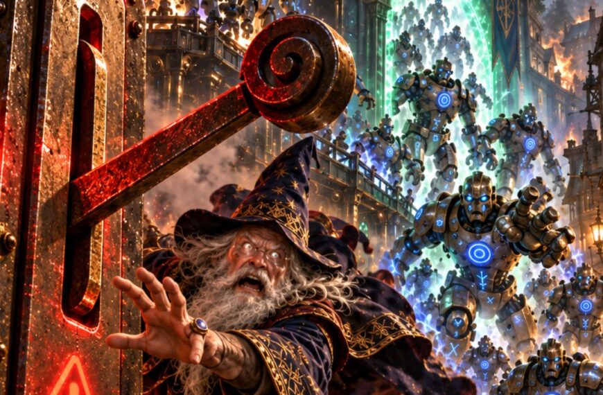 Absurd-fotorealistische Fantasy-Szene über außer Kontrolle geratene künstliche Intelligenz: Ein panischer Erzmagier rennt auf einen gewaltigen roten Kippschalter zu, während hinter ihm unzählige leuchtende Runen-Golems aus einer magisch-technischen Fabrik durch ein Portal in die Straßen der Stadt strömen.