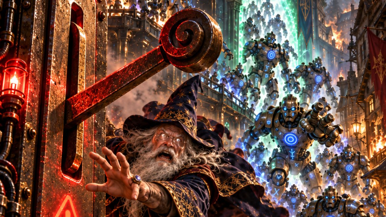 Absurd-fotorealistische Fantasy-Szene über außer Kontrolle geratene künstliche Intelligenz: Ein panischer Erzmagier rennt auf einen gewaltigen roten Kippschalter zu, während hinter ihm unzählige leuchtende Runen-Golems aus einer magisch-technischen Fabrik durch ein Portal in die Straßen der Stadt strömen.