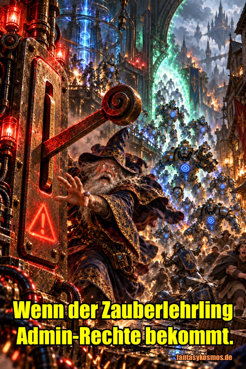 Absurd-fotorealistische Fantasy-Szene über außer Kontrolle geratene künstliche Intelligenz: Ein panischer Erzmagier rennt auf einen gewaltigen roten Kippschalter zu, während hinter ihm unzählige leuchtende Runen-Golems aus einer magisch-technischen Fabrik durch ein Portal in die Straßen der Stadt strömen. Dort greifen sie bereits Wachen und fliehende Fantasybewohner an. Funken, Feuer, Rauch und blaugrüne Runenenergie erfüllen die Gasse.