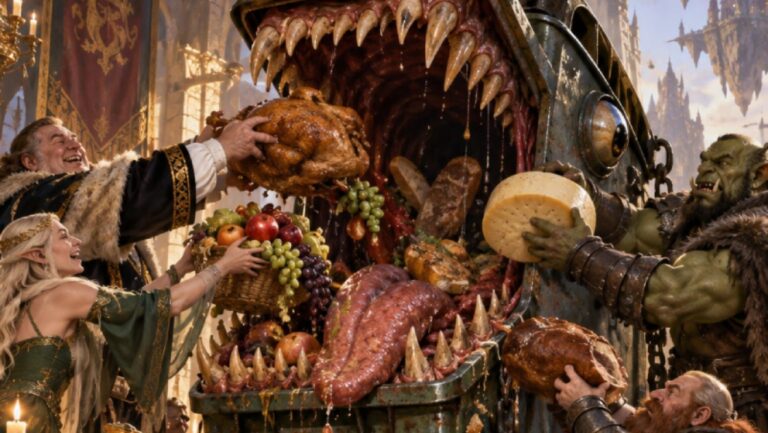 Absurd-fotorealistische Fantasy-Szene in einer prunkvollen Halle der Zwischenreiche: Vor einem üppig gedeckten Festmahl füttern Menschen, Elfen, Orks und Zwerge einen gigantischen Mülltonnen-Mimic mit ganzen Braten, Brotlaiben, Käserädern, Obst und weiteren Speisen.