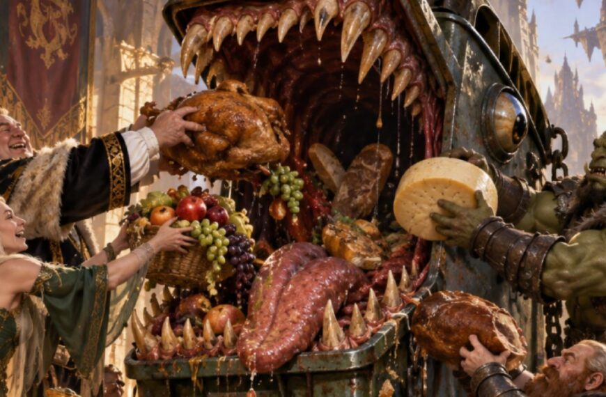 Absurd-fotorealistische Fantasy-Szene in einer prunkvollen Halle der Zwischenreiche: Vor einem üppig gedeckten Festmahl füttern Menschen, Elfen, Orks und Zwerge einen gigantischen Mülltonnen-Mimic mit ganzen Braten, Brotlaiben, Käserädern, Obst und weiteren Speisen.