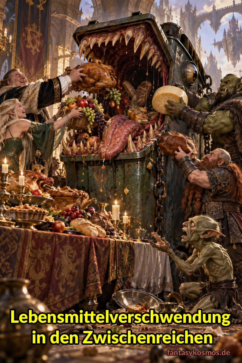 Absurd-fotorealistische Fantasy-Szene in einer prunkvollen Halle der Zwischenreiche: Vor einem üppig gedeckten Festmahl füttern Menschen, Elfen, Orks und Zwerge einen gigantischen Mülltonnen-Mimic mit ganzen Braten, Brotlaiben, Käserädern, Obst und weiteren Speisen. Der grünliche Behälter hat ein riesiges Maul voller Zähne und verschlingt die Lebensmittel gierig. Unten rechts sitzt ein ausgemergelter Goblin auf dem Boden und starrt fassungslos auf die Verschwendung, während vor ihm Essensreste und leeres Geschirr liegen.