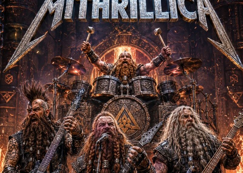 Episches Fantasy-Bandmotiv der fiktiven Zwergen-Metalband MITHRILLICA: Vier individuelle Zwergenmusiker stehen mit unterschiedlichen Mithril-Gitarren, Bass und gewaltigem Kriegstrommel-Schlagzeug in einer brennenden unterirdischen Schmiedehalle. Über der Band prangt das massive metallische MITHRILLICA-Logo, während Funken, Feuer und eine jubelnde Menge die Szene wie ein klassisches Heavy-Metal-Promobild wirken lassen.
