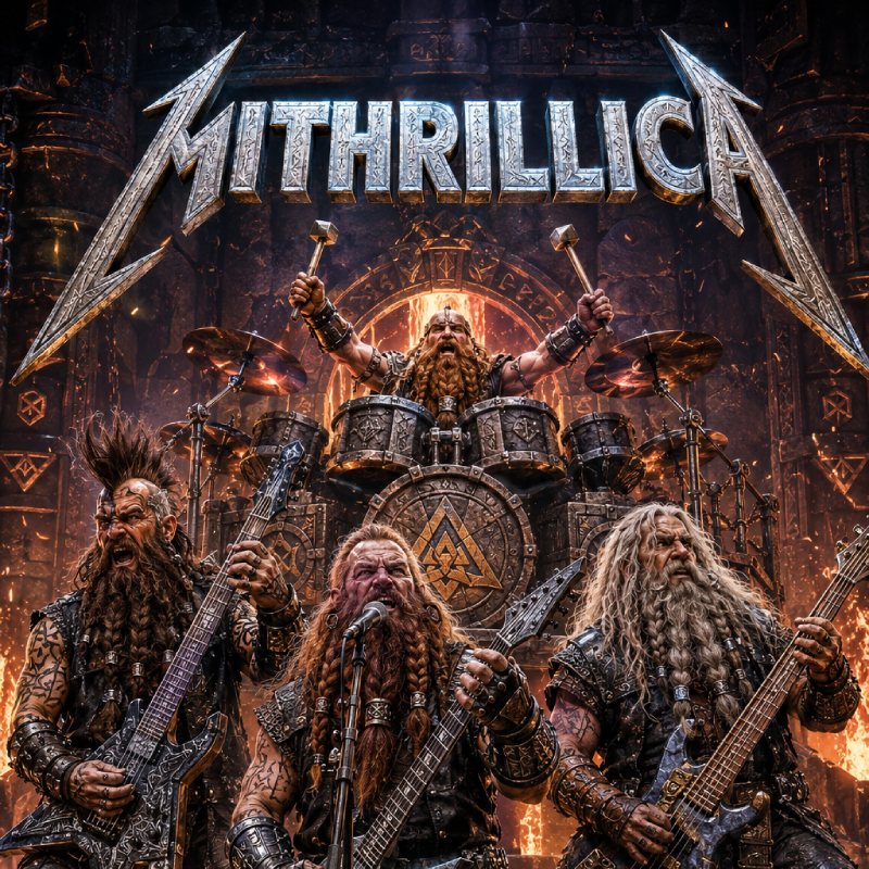 Episches Fantasy-Bandmotiv der fiktiven Zwergen-Metalband MITHRILLICA: Vier individuelle Zwergenmusiker stehen mit unterschiedlichen Mithril-Gitarren, Bass und gewaltigem Kriegstrommel-Schlagzeug in einer brennenden unterirdischen Schmiedehalle. Über der Band prangt das massive metallische MITHRILLICA-Logo, während Funken, Feuer und eine jubelnde Menge die Szene wie ein klassisches Heavy-Metal-Promobild wirken lassen.