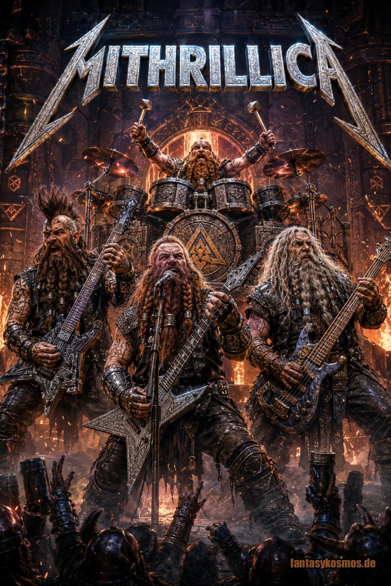 Episches Fantasy-Bandmotiv der fiktiven Zwergen-Metalband MITHRILLICA: Vier individuelle Zwergenmusiker stehen mit unterschiedlichen Mithril-Gitarren, Bass und gewaltigem Kriegstrommel-Schlagzeug in einer brennenden unterirdischen Schmiedehalle. Über der Band prangt das massive metallische MITHRILLICA-Logo, während Funken, Feuer und eine jubelnde Menge die Szene wie ein klassisches Heavy-Metal-Promobild wirken lassen.