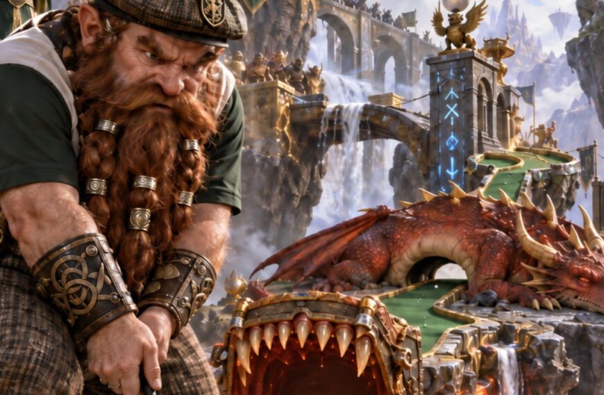 Absurd-fotorealistische Fantasy-Minigolf-Szene: Ein grimmiger Zwerg in klassischer Golfkleidung steht mit korrekt ausgerichtetem Putter vor einem weißen Golfball.