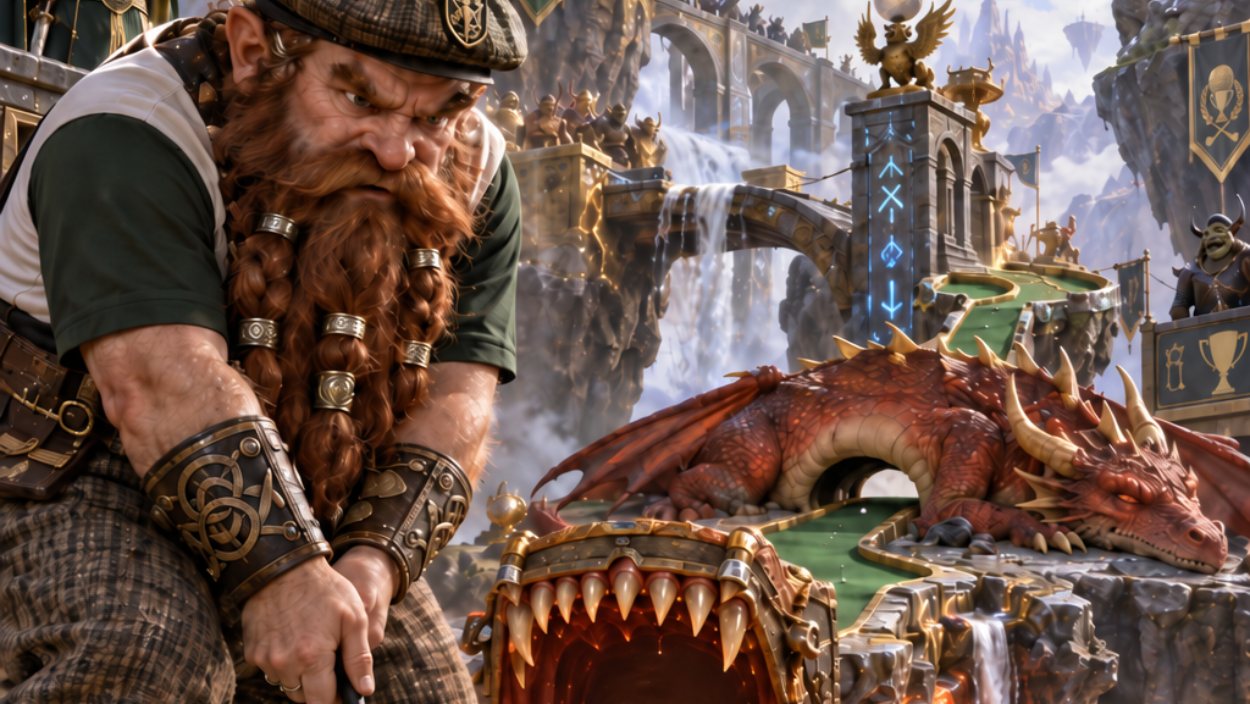 Absurd-fotorealistische Fantasy-Minigolf-Szene: Ein grimmiger Zwerg in klassischer Golfkleidung steht mit korrekt ausgerichtetem Putter vor einem weißen Golfball.
