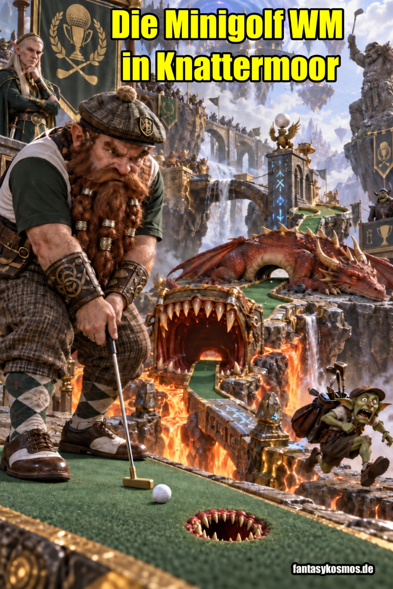 Absurd-fotorealistische Fantasy-Minigolf-Szene: Ein grimmiger Zwerg in klassischer Golfkleidung steht mit korrekt ausgerichtetem Putter vor einem weißen Golfball. Direkt vor ihm befindet sich das eigentliche Loch der Bahn als kleines Monstermaul mit scharfen Zähnen. Dahinter führt der grüne Minigolf-Parcours über Lava, durch ein gewaltiges Mimic-Maul und an einem schlafenden roten Drachen vorbei. Rechts rennt ein panischer Goblin-Balljunge davon, während Zuschauer und Fantasygestalten die spektakuläre Bahn verfolgen.