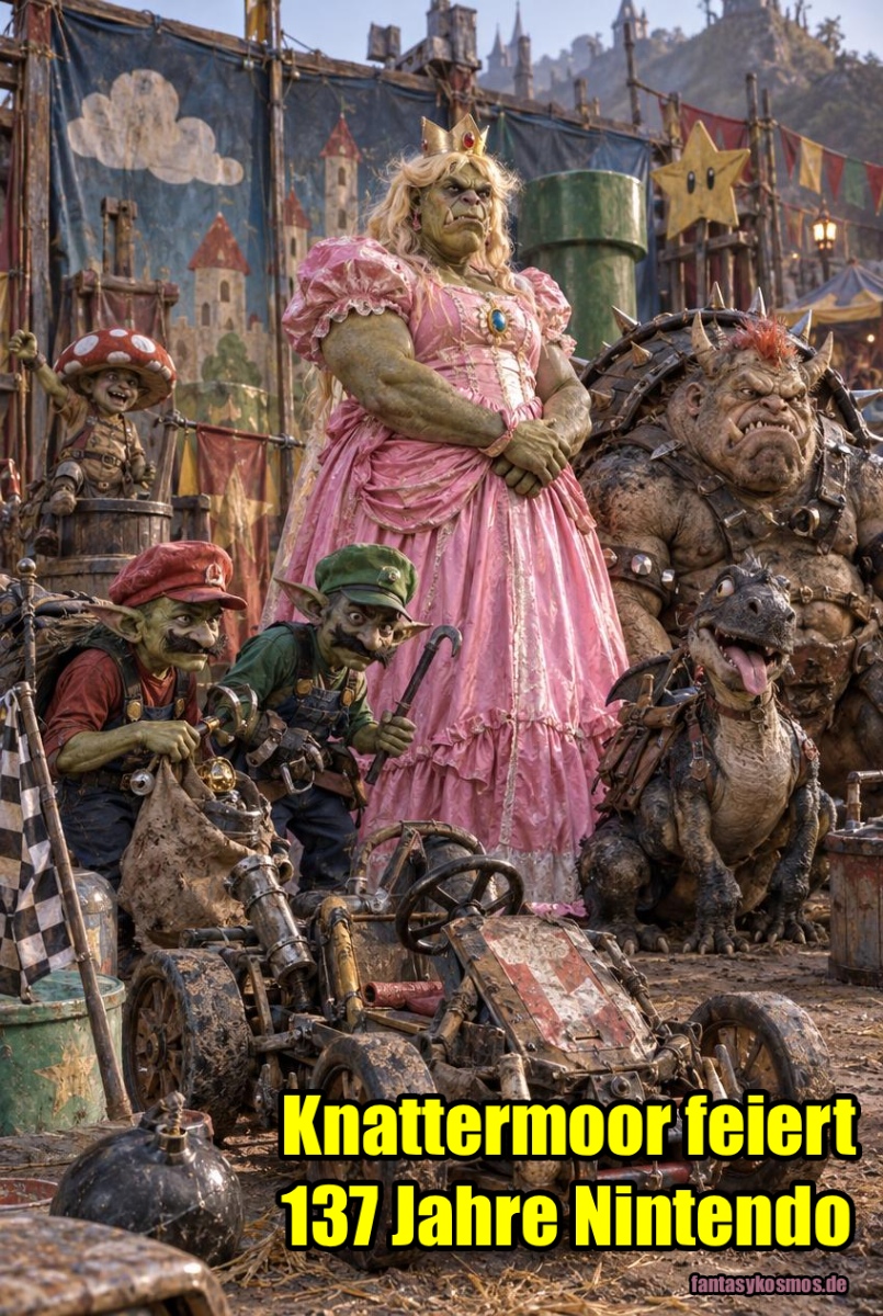 Absurd-fotorealistische Fantasy-Parodie auf bekannte Nintendo-Figuren: In einer schäbigen Jahrmarktszene der Zwischenreiche posiert eine billige Cosplay-Truppe vor bemalten Kulissen. In der Mitte steht ein massiver Ork in einem rosa Prinzessinnenkleid mit Krone und blonder Strohperücke. Davor hocken zwei zwielichtige Goblins mit roten und grünen Kappen, falschen Schnurrbärten und schäbigem Einbruchswerkzeug. Rechts sitzt ein massiger Troll mit improvisierter Stachelschale als Parodie auf einen berühmten Schildkröten-Boss, daneben ein dümmlich dreinschauender kleiner Finsterdrachling. Im Vordergrund steht eine dreckige, zusammengeflickte Fantasy-Schrottkarre als Anspielung auf ein berühmtes Kart-Rennspiel.