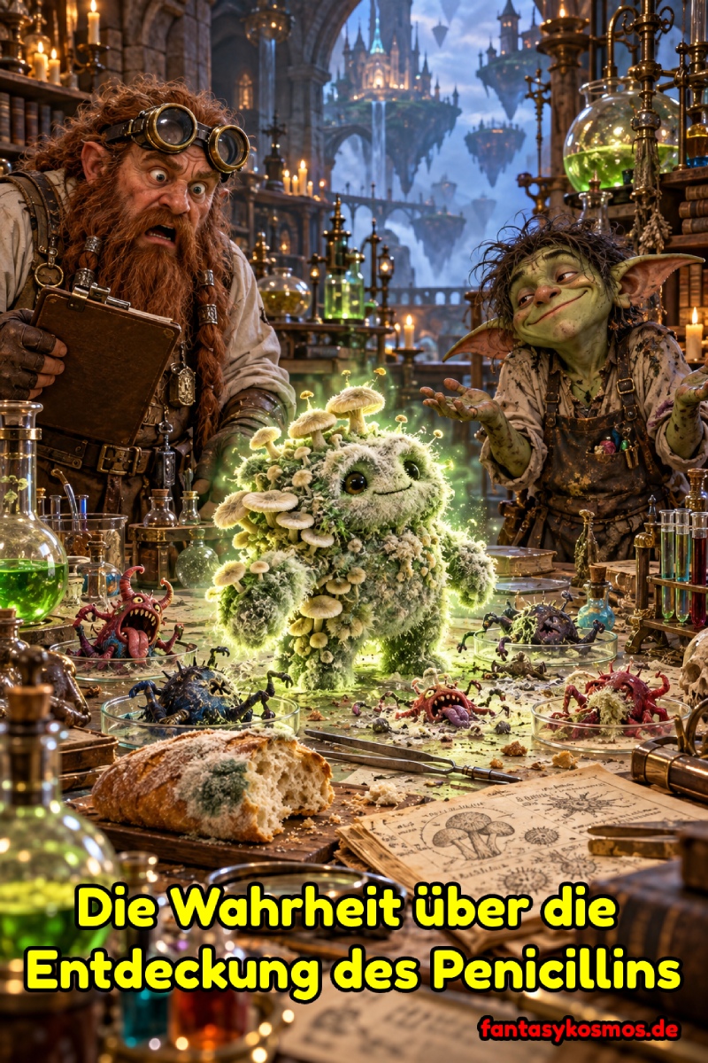 Absurd-fotorealistische Fantasy-Szene in einem chaotischen Alchemistenlabor: Ein entsetzter Zwergen-Heiler mit Schutzbrille und Klemmbrett steht vor einem Labortisch und blickt fassungslos auf einen freundlich leuchtenden Pilzgolem aus grünem Schimmel. Ringsum liegen mehrere Petrischalen, zerplatzte dämonische Bakterienwesen und eine halb aufgegessene Brotscheibe. Daneben steht ein kleiner Goblin-Assistent mit chaotischem Blick, als hätte er das Labor tagelang nicht aufgeräumt. Die Szene wirkt wie ein legendärer Unfall der Wissenschaftsgeschichte.