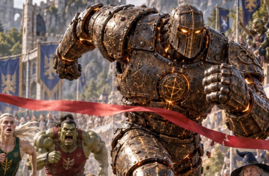Absurd-fotorealistische Fantasy-Sportszene: Ein gewaltiger Runen-Golem aus Eisen durchbricht als klarer Sieger das Zielband eines 100-Meter-Rennens. Hinter ihm liegen drei Top-Athleten der Zwischenreiche deutlich zurück: der Zwerg Usang Dwarf, der Elf Noah Lylf und der Ork Yohan Blork. Rechts am Rand starrt ein Magier mit Stoppuhr fassungslos auf die Zeit, während Publikum und Offizielle vor einer großen Fantasy-Festung ausrasten.
