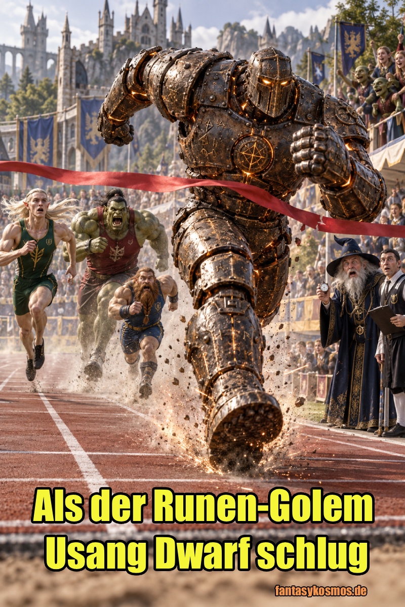 Absurd-fotorealistische Fantasy-Sportszene: Ein gewaltiger Runen-Golem aus Eisen durchbricht als klarer Sieger das Zielband eines 100-Meter-Rennens. Hinter ihm liegen drei Top-Athleten der Zwischenreiche deutlich zurück: der Zwerg Usang Dwarf, der Elf Noah Lylf und der Ork Yohan Blork. Rechts am Rand starrt ein Magier mit Stoppuhr fassungslos auf die Zeit, während Publikum und Offizielle vor einer großen Fantasy-Festung ausrasten.