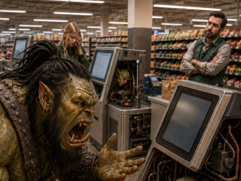 Absurd-fotorealistische Fantasy-Szene in einem modernen Supermarkt: Ein wütender Ork hält eine Banane vor eine rot leuchtende Selbstbedienungskasse.