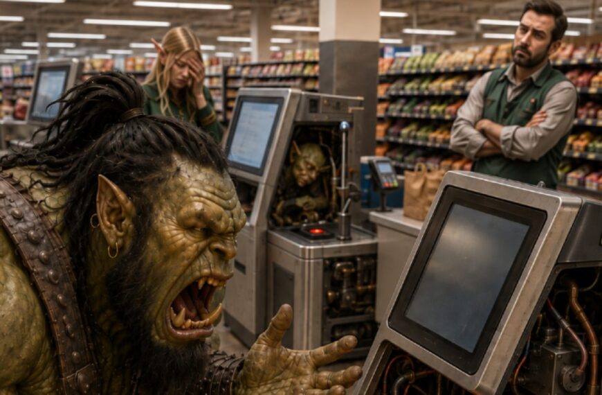 Absurd-fotorealistische Fantasy-Szene in einem modernen Supermarkt: Ein wütender Ork hält eine Banane vor eine rot leuchtende Selbstbedienungskasse.