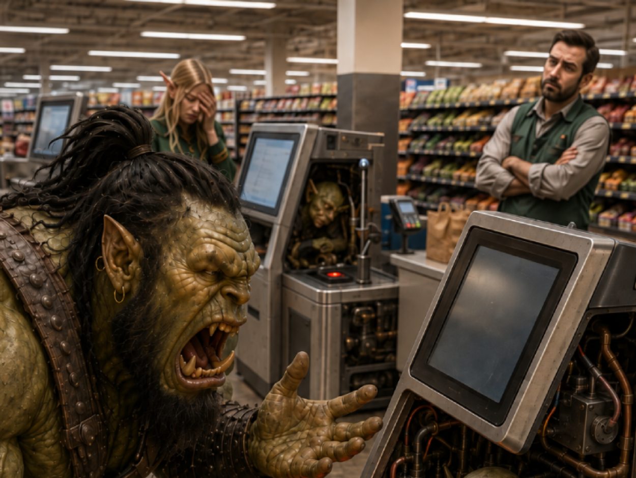 Absurd-fotorealistische Fantasy-Szene in einem modernen Supermarkt: Ein wütender Ork hält eine Banane vor eine rot leuchtende Selbstbedienungskasse.